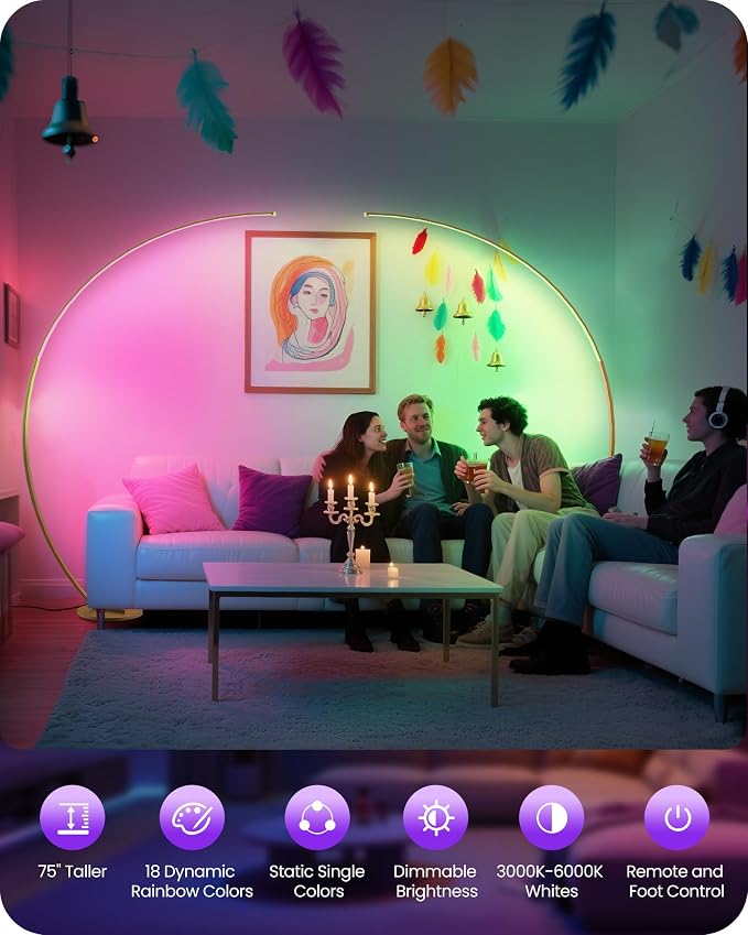RGBW Floor Lamp, 75 inch Standing Tall Lamp, Dimmable Arc Floor Lamp for Living Room with Foot and Remote Control, 18 DIY Colors, 3000K-6000K White, Color Changing Ambient Light, Gold RD62LD05