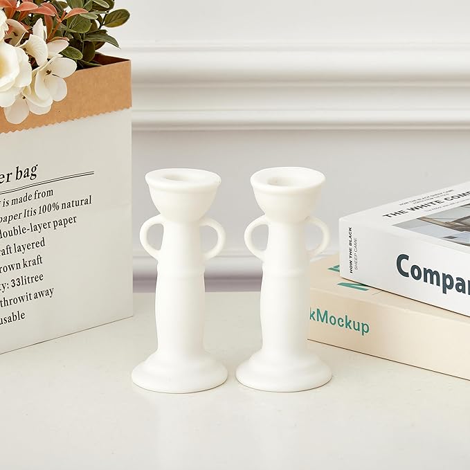 Denique Ceramic Candle Holders Set of 2, Creative Modern Minimalist Candlestick Holder Set, Table Centerpiece Taper Candle Holders, Candlelight Dinner Creative Decoration Ornaments (White)