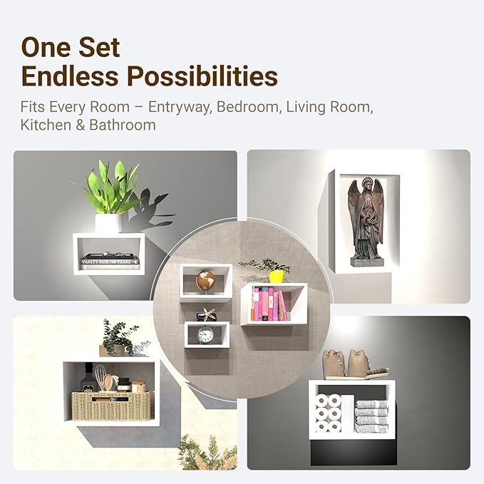 Premium Warm White Floating Cube Shelves, Eco-Friendly Wood Box-Style Wall Storage Display Set of 3 — Pre-Assembled, Ready to Use, Modern Decorative Wall Shelf Units for Living Room, Bedroom & Office