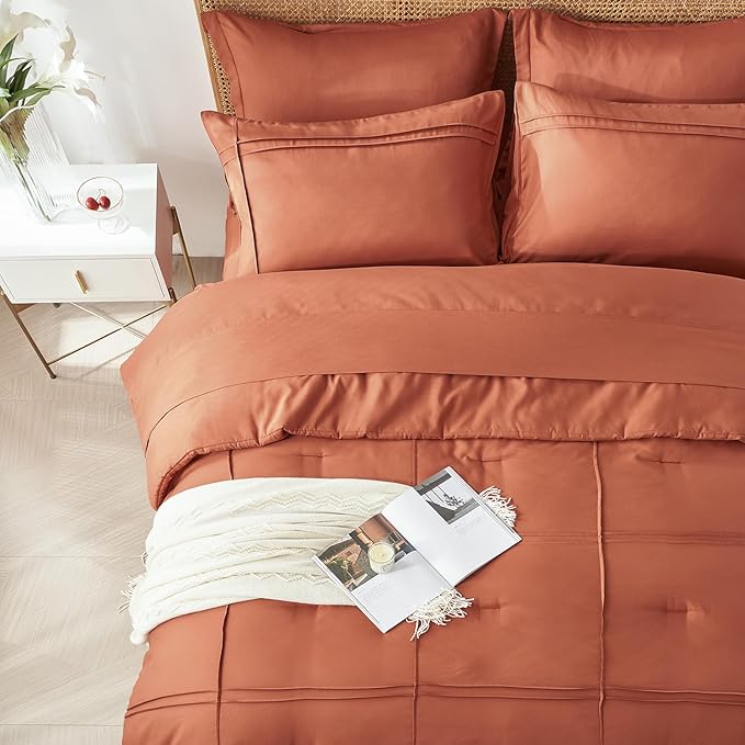 Yogeneg King Size Comforter Set 7 Piece Bed in a Bag,Grid Pinch Pleat Terracotta Bedding Set,Striped Textured Soft Microfiber Comforter with Sheet Set,All Season Complete Bed Set(Terracotta,King)
