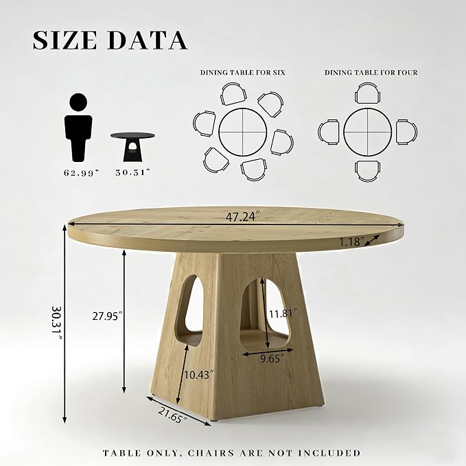 KEIKI 47" Round Dining Table for 4-6, Mid Century Modern Kitchen Table with Storage Base, Wooden Corner Dinner Desk for Living Room Breakfast Nook Restaurant, Easy Assembly, Natural