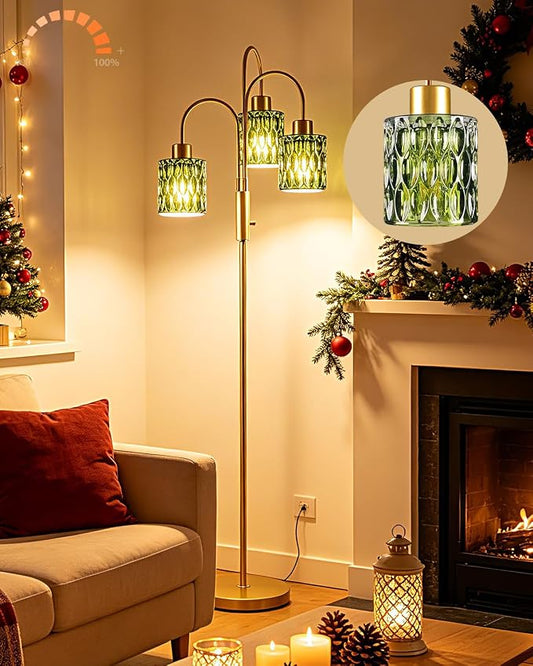 70" Glass Floor Lamp, 3-Light Gold Dimmable Standing Tall Lamp with Green Ribbed Glass Shades &3PCS 3000K Warm White Bulbs, Modern Tree Pole Lamp for Living Room Bedroom Home Decor