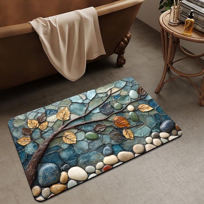 Bath Mat Rug,Mosaic-Stone Tree Non Slip Quick Dry Super Absorbent Thin Bathroom Rugs Fit Under Door-Easy to Clean Bathroom Floor Mats-Shower Rug for Shower Sink Bathtub(17" x 27.5"in)