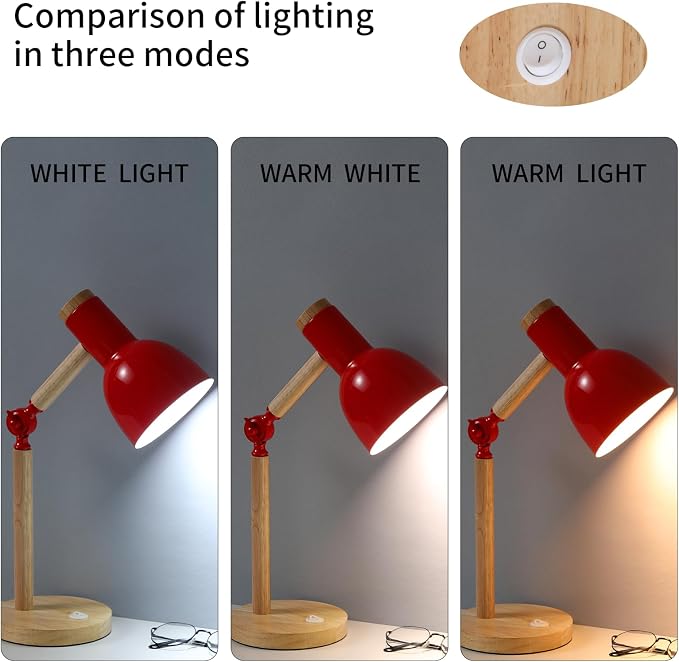 Desk Lamp,Wooden Adjustable Tri-Color Table & Bedside Lamp for Office, Living Room, Bedroom & Kids Room (red)