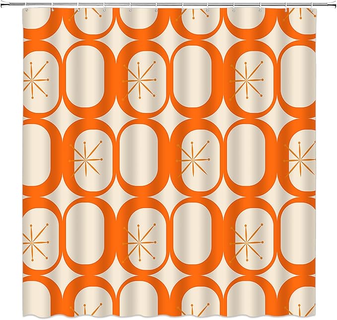 Mid Century Shower Curtain Modern Abstract Atomic Starbursts Squares Retro 50s Geometric Bathroom Decor Polyester Curtains with Hooks
