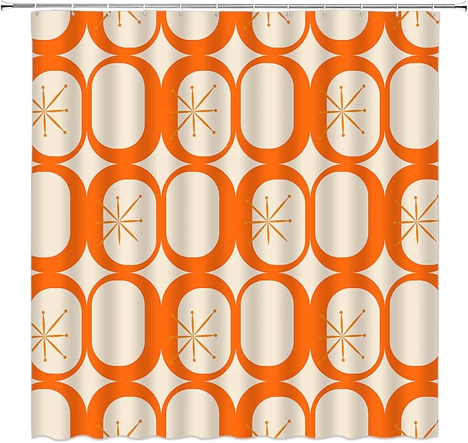 Mid Century Shower Curtain Modern Abstract Atomic Starbursts Squares Retro 50s Geometric Bathroom Decor Polyester Curtains with Hooks