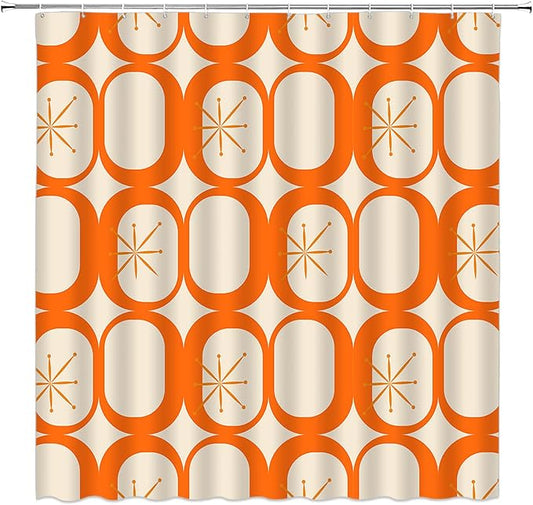 Mid Century Shower Curtain Modern Abstract Atomic Starbursts Squares Retro 50s Geometric Bathroom Decor Polyester Curtains with Hooks