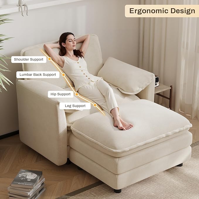 Oversized Chaise Lounge Chair Indoor with Ottoman, Firm Solid Wood Frame with Long Service Life Chenille Oversized Lounge Reading Chair for Study Room - Beige White