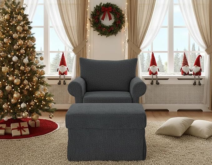 35.8" Chenille Accent Chair with Ottoman Set, Comfy Upholstered Armchair with Rolled Arms, Modern Single Reading Chair for Living Room, Bedroom, Apartment, Grey