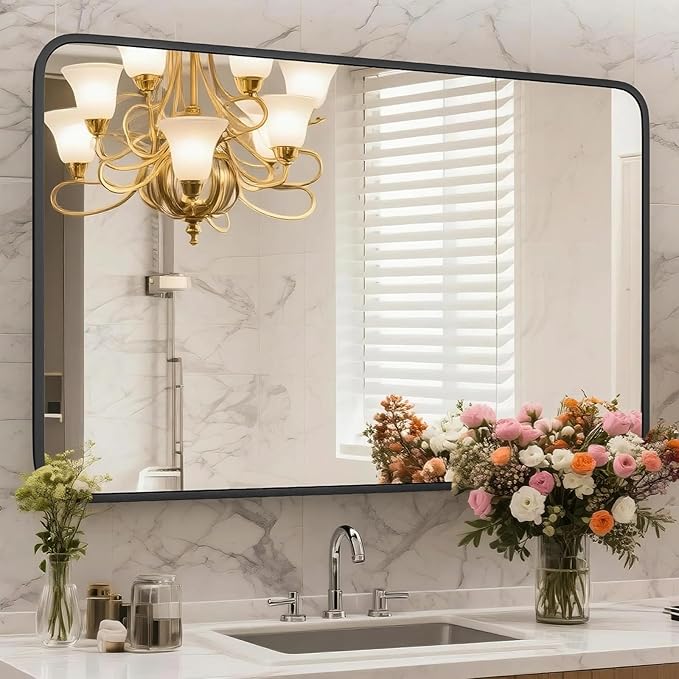 Black Bathroom Mirror 24×36 Inch Rounded Rectangle Wall Mirrors Metal Framed Bathroom Vanity Mirrors Modern Decor for Bedroom, Livingroom (Horizontal/Vertical)