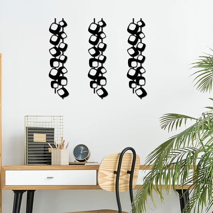 ruelen Mid Century Abstract Metal Wall Art Sculpture - Textured Geometric Decor, Set of 4, 2D Black Vertical and Elegant Design for Living Room, Bedroom, Office, Home (15.7x3.9in)