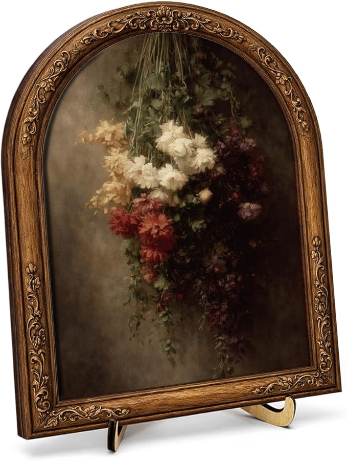 Dark Floral Wall Art Sign for Vintage Home Decor, Moody Flower Arch Wooden Tabletop Plaque, Gothic Farmhouse Shelf Accent, 8x10 Inch