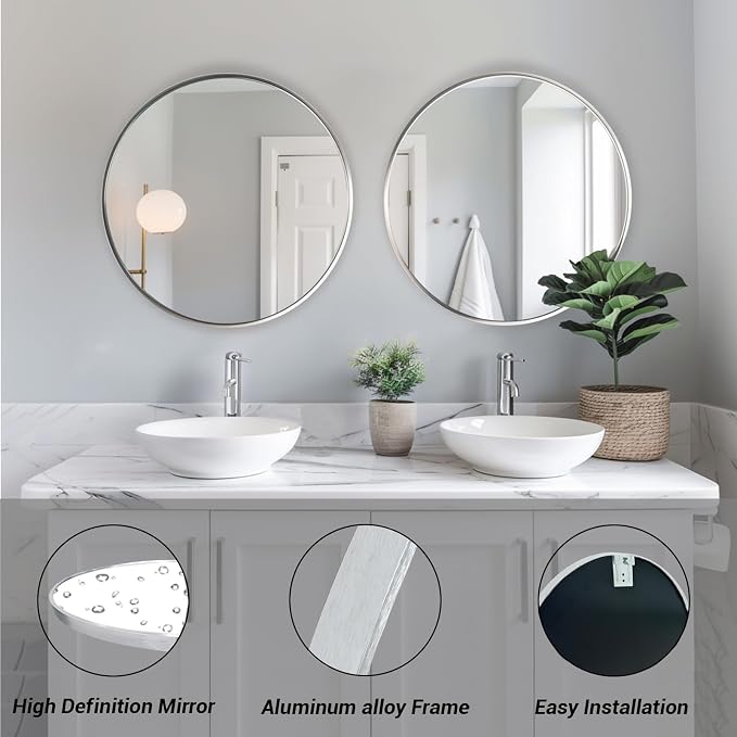 Sunniry Silver Round Mirror 24 inch, 2 Pack Silver Circle Mirror, Round Bathroom Mirrors Metal Frame for Bathroom, Bedroom, Living Room, Hallway.
