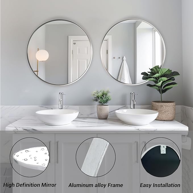 Sunniry Silver Round Mirror 24 inch, Circle Mirror with Brushed Metal Frame, Nickel Circle Mirrors for Living Room, Bathroom, Wall, Hallway.
