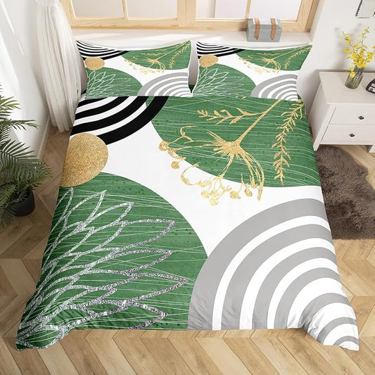 Erosebridal Boho Mid Century Duvet Cover Full Size for Women Men Adults | Minimalist Modern Comforter Cover Green and White Geometric Bedding Set Aesthetic Modern Abstract Bed Set