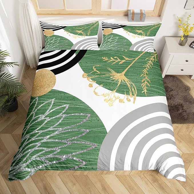 Erosebridal Boho Mid Century Twin Comforter Cover for Women Men Adults | Minimalist Modern Duvet Cover Green and White Geometric Bed Set Aesthetic Modern Abstract Bedding Set