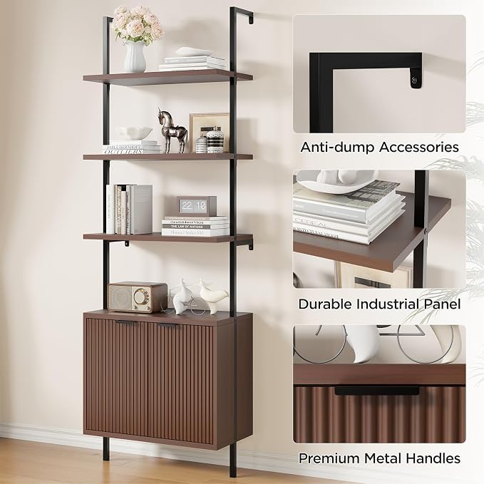 Set of 2 Ladder Bookshelf with Cabinet, 71" Tall Bookcase with Shelves & Storage, Fluted Ladder Shelf with Metal Frame, 6-Tier Display Rack for Living/Bedroom, Home & Office, Walnut & Black