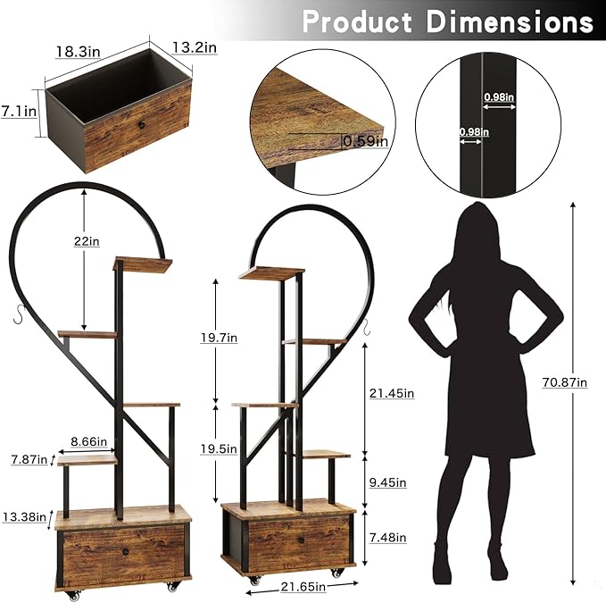 5-Tiered Tall Plant Stand Indoor, Heart-shaped Metal Plant Stand with Wheels and Hanging Hooks, Farmhouse Wood Plant Shelf Indoor for Living Room, Balcony, Garden, Rustic Brown (2 Pack)