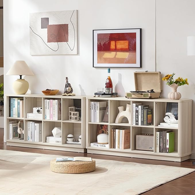 8 Cube Storage Bookcase, 52" Long Horizontal Book Shelf w/Curved Edge, Wood Low 2-Tier Cubby Console Bookshelf with Base, Modern Floor Standing TV Stand for Living Room, Grey-White Cream Oak