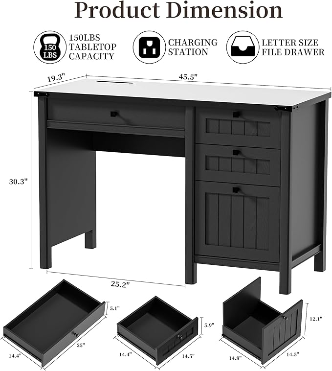 Executive Desk, Farmhouse Computer Desk with Drawers & Cabinet, Home Office Desk for Work Study Writing Workspace (Black, 45")