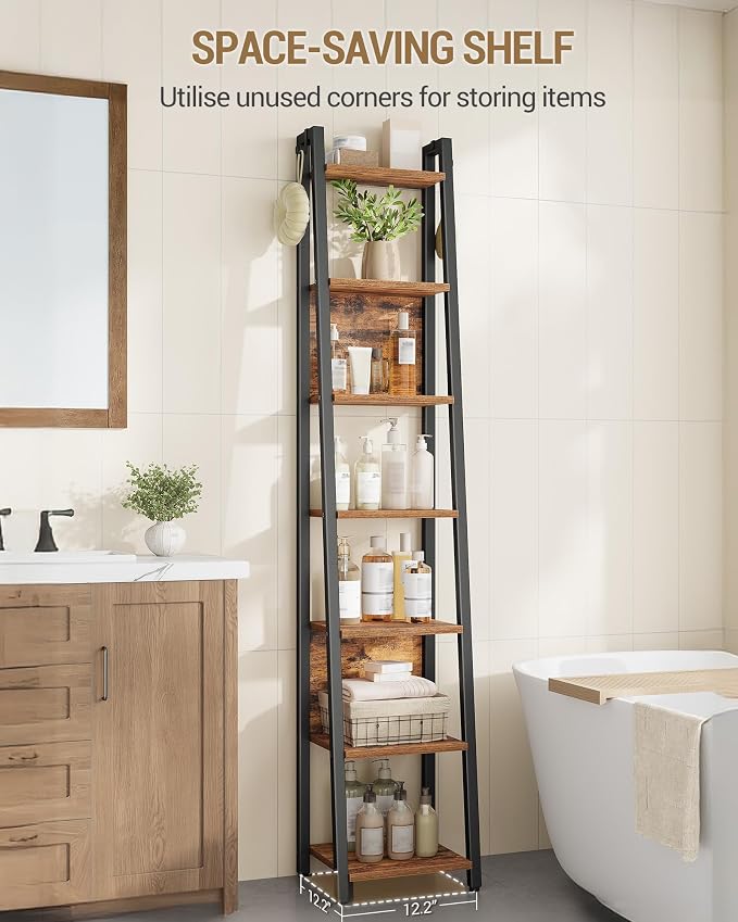 Hzuaneri Ladder Shelf, 7-Tier Narrow Bookshelf with 2 Back Panels, Industrial Ladder Shelf with 2 Hooks, for Home Office, Living Room and Bedroom, 12.2" D x 12.2" W x74.2''H, Rustic Brown BC31701B