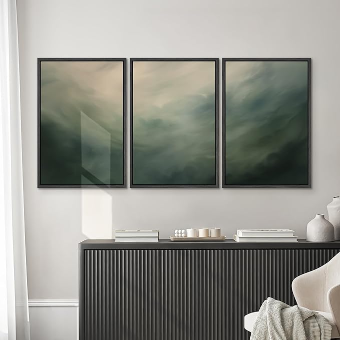 SIGNWIN Framed Canvas Print Wall Art Set Green Abstract Cloudy Landscape Illustrations Modern Art Decorative Boho Relax/Zen Nordic for Living Room, Bedroom, Office - 24"x36"x3 Black