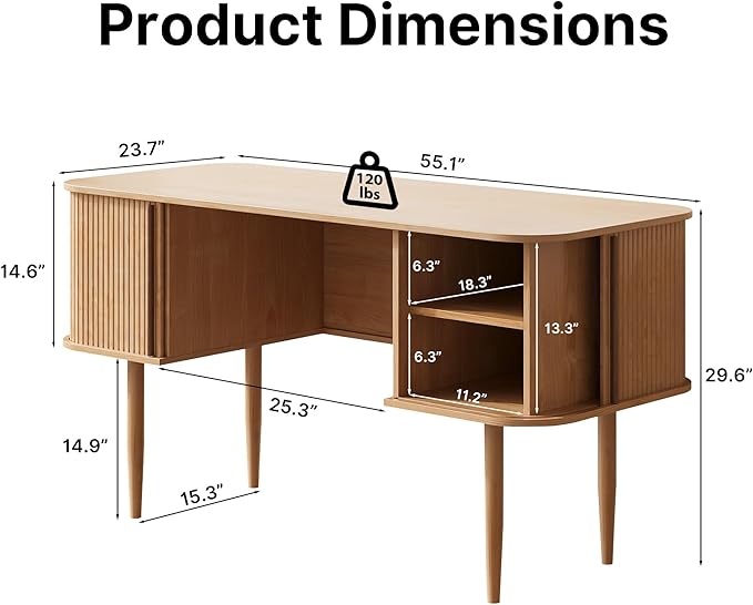 MAISONARIA 55" Modern Writing Desk with Storage, Wood Home Office Desk with Sliding Doors, Computer Desk for Home Office, Dorm, Living Room, Home Study Table, Natural