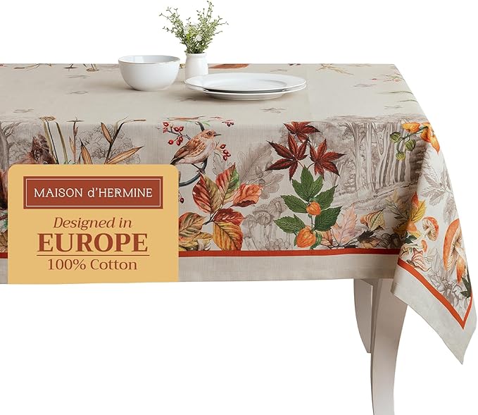 Maison d' Hermine Table Cloth Square Table 100% Cotton 60 x 60 Inches Fall Tablecloth Reusable Everyday Use for Thanksgiving Christmas Decorations Dining Farmhouse Party (Recolte)