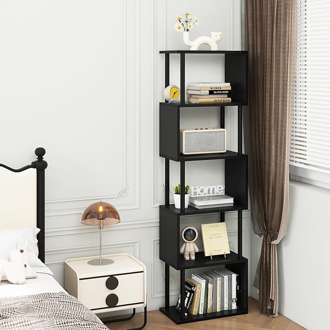 IBUYKE 6-Tier Tall Bookshelf,S-Shaped Geometric Bookcase, Wood Display Shelves with Storage,Modern Bookshelf for Living Room Bedroom, Home Office, Black WBC016B