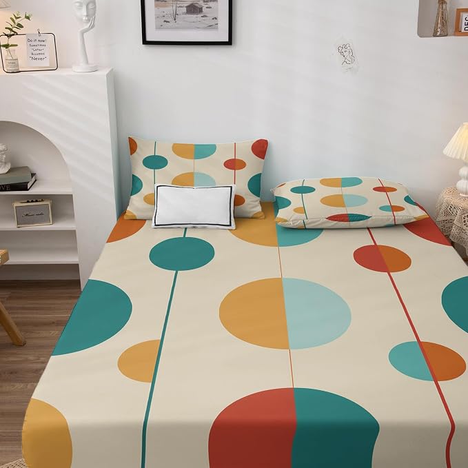 Mid Century Modern Sheets Split King Size, Retro Circle Bed Sheet Set, Abstract Geometric Bedding Sheet Sets 5 Piece, Soft Microfiber Deep Pocket 2 Fitted Sheet & Flat Sheet & 2 Pillowcases