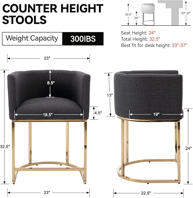 Contemporary Linen Bar Stools Set of 2, 24" Upholstered Fabric Counter Height Barstools Kitchen Counter Island Stools with Golden Metal Base, Charcoal