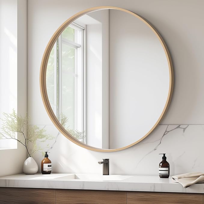 HOMECOOKIN Round Wood Mirror, 31" Round Bathroom Wall Mirror Circle Mirrors for Wall Decor, Vanity, Living Room, Bedroom, Entryway, Natural