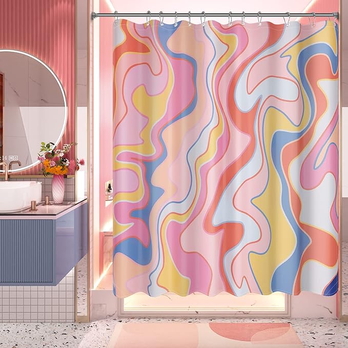 AmazerBath Shower Curtain, Abstract Pink Cloth Shower Curtain Sets with 12 Shower Curtain Hooks, Rustic Colorful Fabric Shower Curtain, Cute Washable Farmhouse Bathroom Shower Curtain, 72x72 Inches