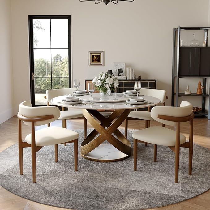 POVISON 51" Modern Round Dining Table with Lazy Susan for 4, Glossy White Round Dining Room Table, Sintered Stone Dining Tabletop with Bronze X Carbon Steel Base (Dining Table Only)