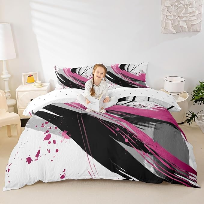 Erosebridal Black and Purple Pink Duvet Cover Full - Modern Geometric Decorative Bedding Sets Striped Bed Set for Boys Girls Minimalists Watercolor Graffiti Lines Bed Cover
