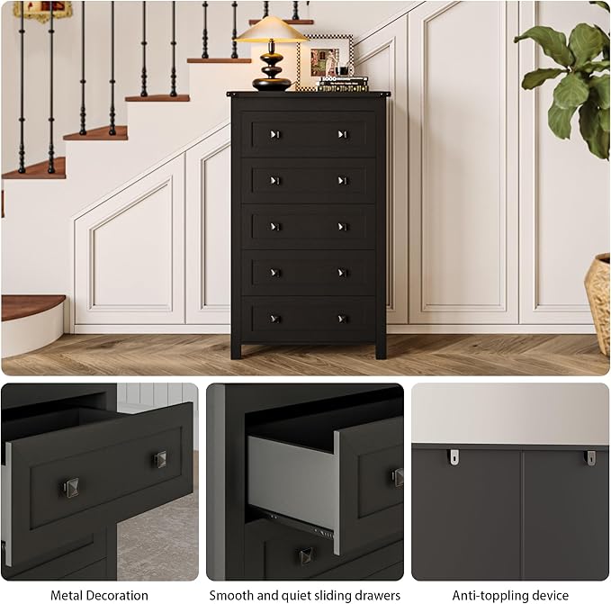 Black Dresser Tall 5 Drawer Dresser for Bedroom, Wooden Dressers & Chests of Drawers with Metal Handles, Modern Storage Cabinet and Organizer Drawers for Living Room, Hallway