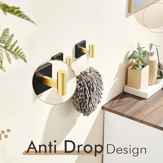 KOKOSIRI Robe Hooks for Bathrooms Towel Hook Wall Mounted Coat Hooks, Bathroom Hardware 2 Pack Black with Gold Stainless Steel B1013GDK-P2