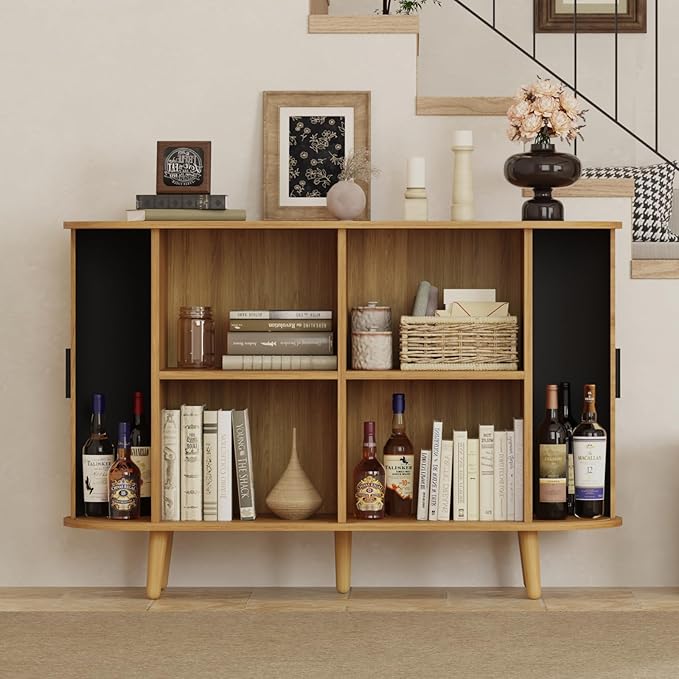 Fluted Sideboard Buffet Cabinet with Sliding Doors, Curved Edge Design for Dining Room Kitchen Living Room, Console Table Credenza with Storage (Natural)