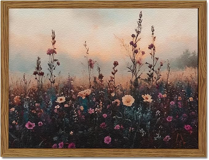 Vintage Flower Wall Art, Dark Floral Wall Decor Painting, Framed 3D Textured Hand Drawn Sandstone Farmhouse Landscape Pictures Artwork for Living Room Bedroom 16x24 inch Wood Frame