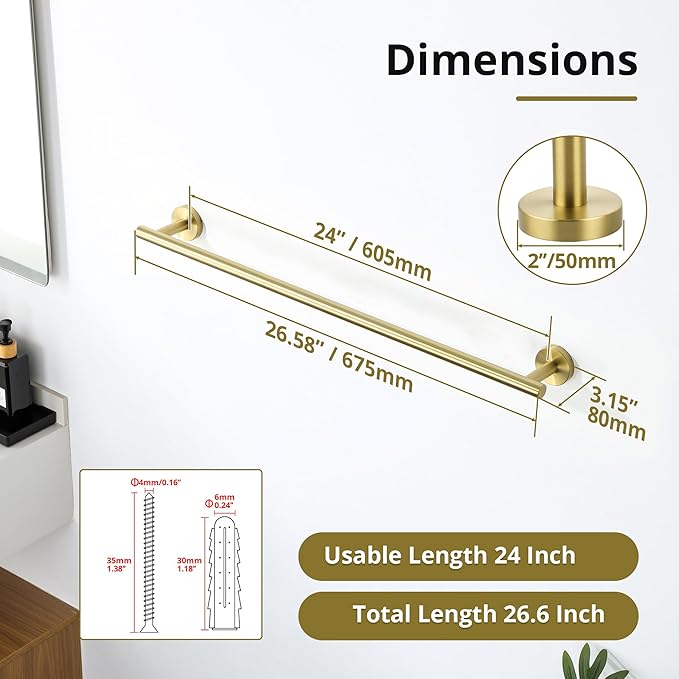SAYAYO Towel Racks for Bathroom, 24 Inch Towel Bar Brushed Gold, Towel Rod Towel Holder Wall Mount SUS304 Stainless Steel (26 Inch Total Length)