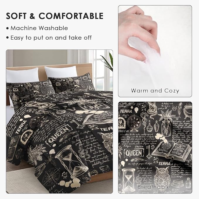 WeCozy Queen Size Comforter Set with 2 Pillowcases, Gothic Goth Bat Chemistry Science Dark Academia Medieval 3 Pcs Bedding for Adults Bedroom Bed Decor