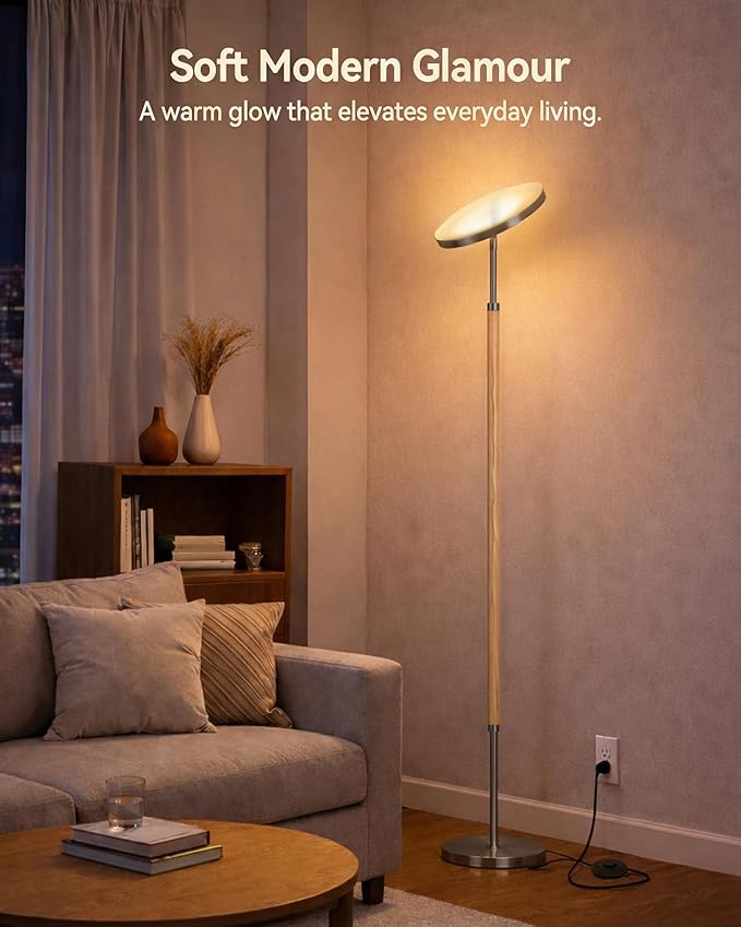JOOFO Wood Torchiere Floor Lamp, Super Bright Stepless Dimmable LED Uplight Standing Lamp with Remote Adjustable Color Temperature 3000K–6500K with Timer for Living Room Bedroom Office Reading