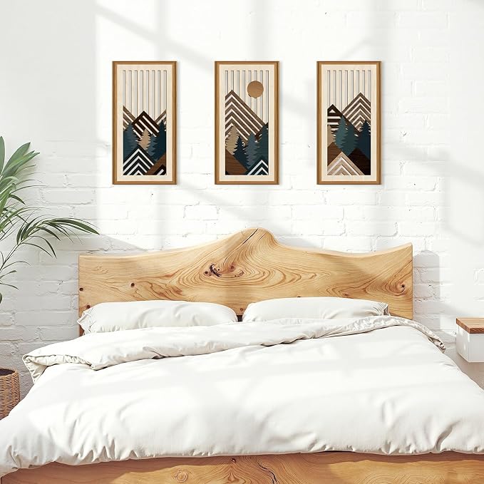 Celestdeco Boho Abstract Mountain Wood Wall Art Modern Geometric Artwork Bohemian Sun Forest Wood Wall Decor Mountain Tree Hanging Decor for Living Room Bedroom 7.9 x15.8 Inch
