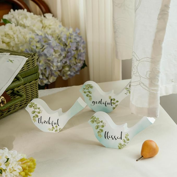 Rustic Wooden Bird Figurines – Set of 3 Inspirational Tabletop Décor with Words, Thankful, Blessed, Grateful