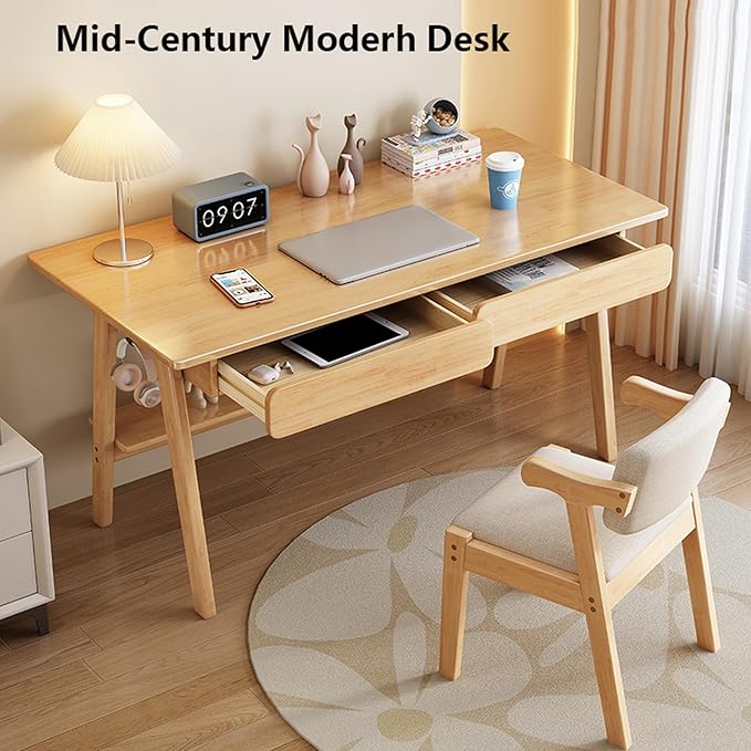 Solid Wood Writing Desk, Mid-Century Modern Desk with 2 Drawers and Storage Shelf, Home Office Computer Desk, Easy Assembly(31inches, White)