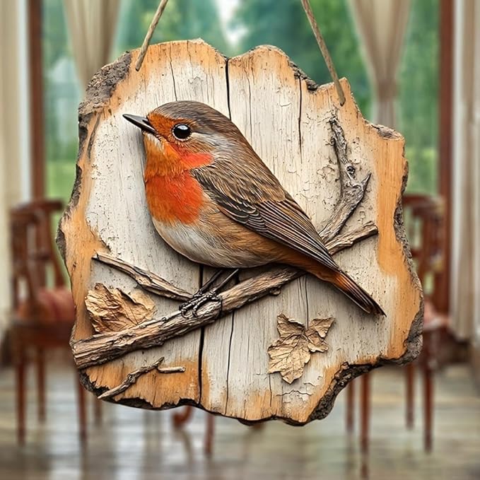 Vintage 2D Bird Wooden Signage, Handmade Boxwood Bird Wall Hanging, Rustic Farmhouse Robin Birds Wall Decor, Garden Flower Birds Market Porch Home Photo Background for Indoor and Outdoor Use