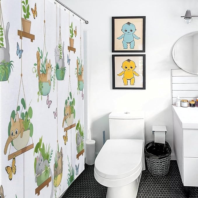 Cat Shower Curtain,Rustic Farmhouse Hanging Potted Plants Funny Animals Bathroom Curtain Polyester Waterproof Fabric Decor 72x72in（183x183cm）