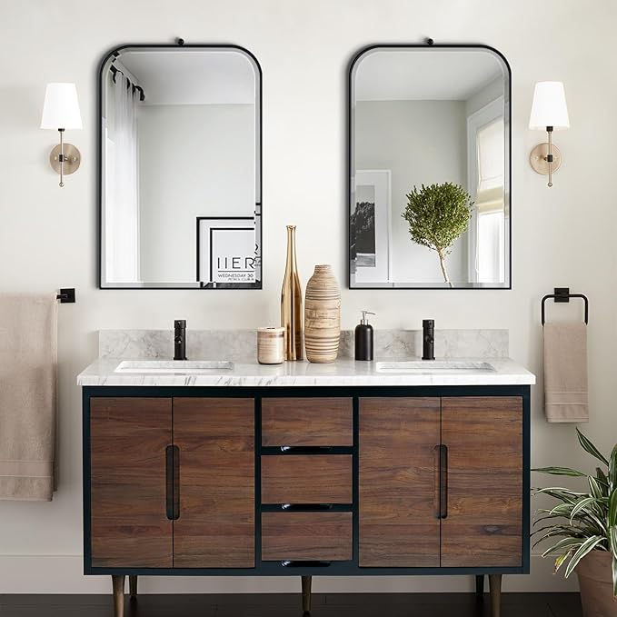 POZINO Beveled Mirror Over Sink, 22"x35" Black Arched Bathroom Mirror, Modern Rounded Rectangle Mirrors with Stainless Steel Frame, Vanity Wall Mirrors for Bedroom Living Room Entryway Fireplace
