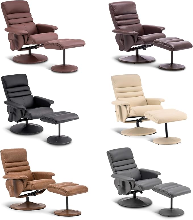 MCombo Recliner with Ottoman, Reclining Chair with Massage, 360 Swivel Living Room Chair Faux Leather, 7902 (Dark Brown)