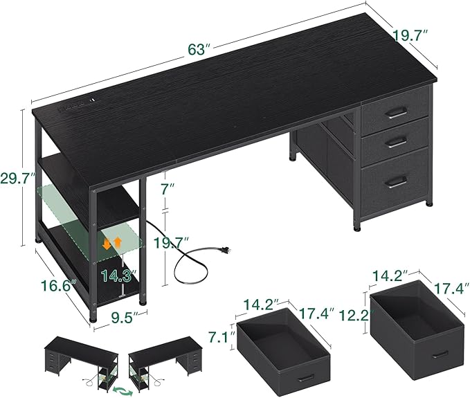 AODK 63 Inch Computer Desk with Drawers & USB Power Outlets, Reversible Home Office Desk with Storage Shelves, Work from Home, Modern Work/Writing/Study Table for Bedroom, Black